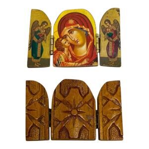 Religious Byzantine Wooden Triptych Icon Virgin Mary Christ Child 2 Archangels